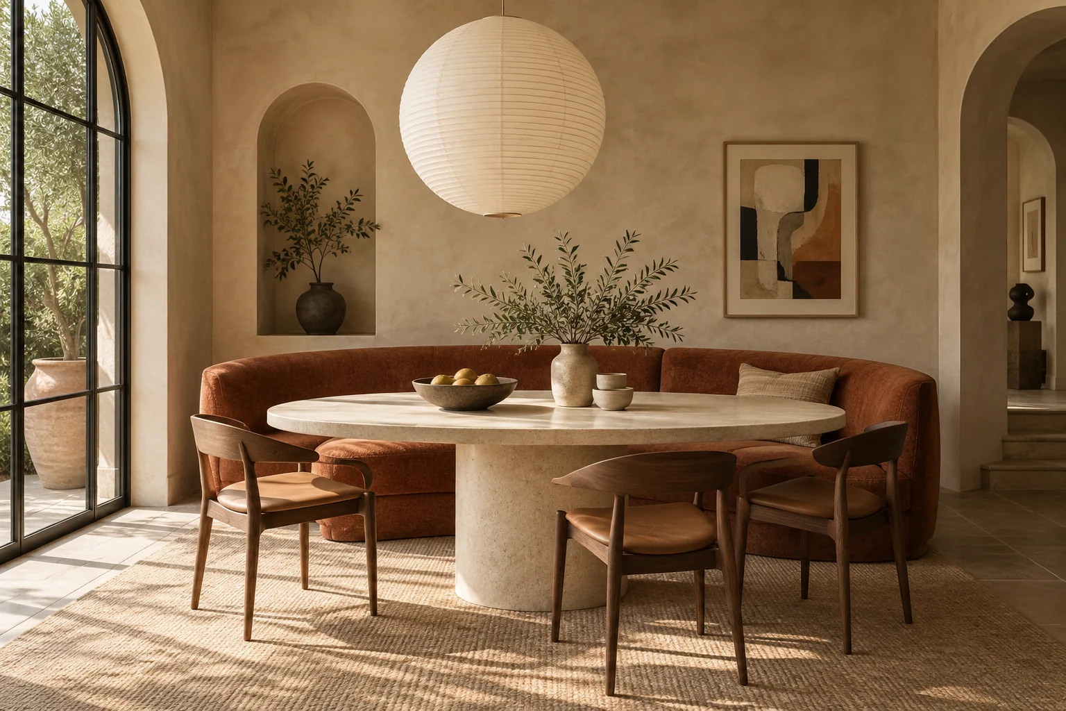 Illustrative terracotta breakfast room with curved banquette seating